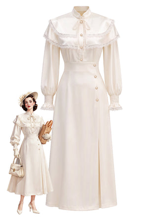 [Prévente] Robe beige à cape volantée, dentelle et manches ballon fendues années 1970 - 1