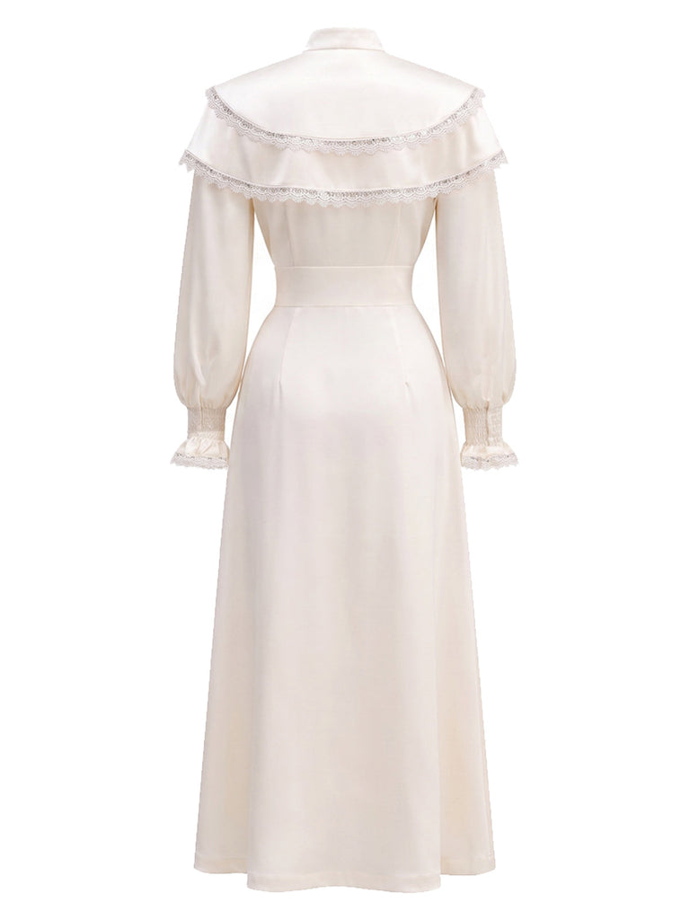[Prévente] Robe beige à cape volantée, dentelle et manches ballon fendues années 1970 - 3