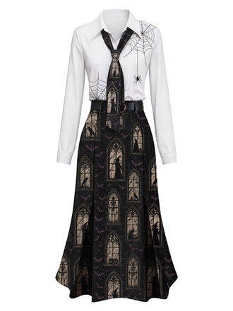 [Prévente] Robe noire d’Halloween à toiles d’araignée et château de sorcière années 1930