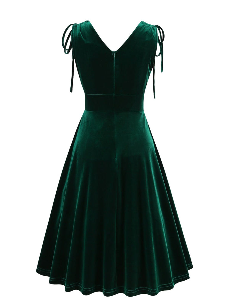Robe trapèze en velours à col V et bretelles à nouer Années 1960 - 3
