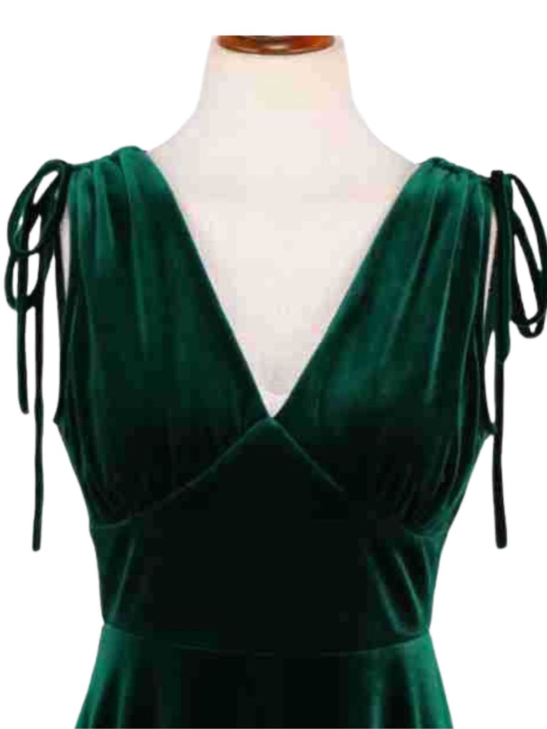 Robe trapèze en velours à col V et bretelles à nouer Années 1960 - 4
