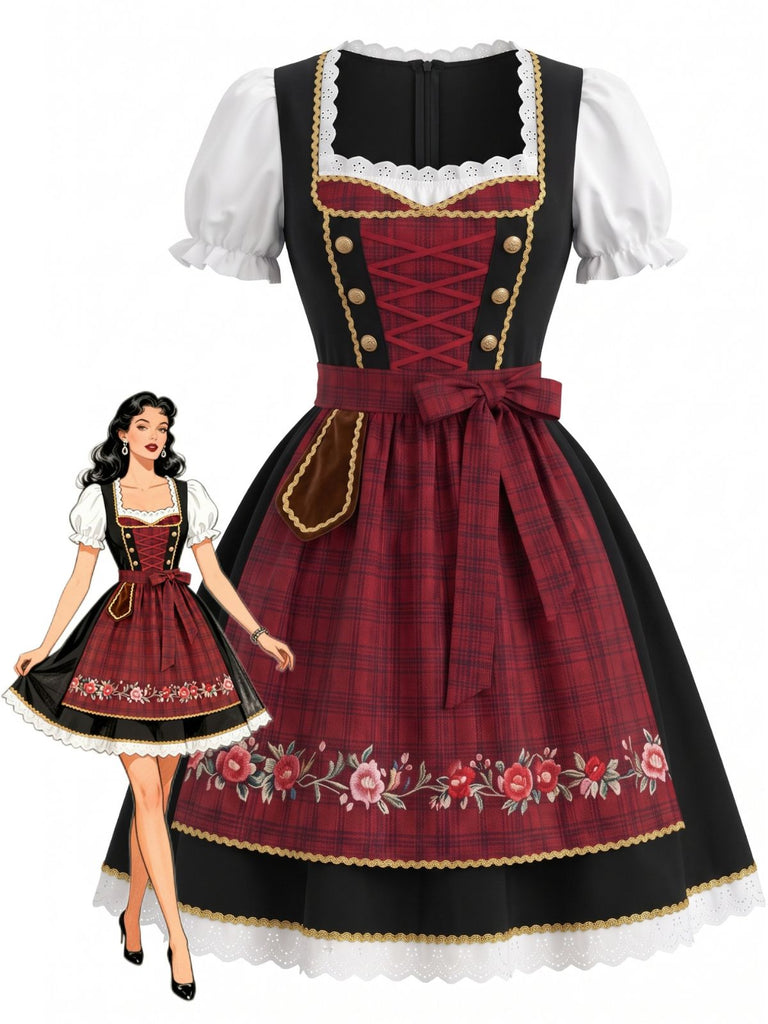 Robe lie-de-vin en dentelle florale à col carré et manches bouffantes avec tablier années 1950