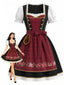 Robe bouffante rouge vin dentelle florale encolure carrée et tablier années 1950
