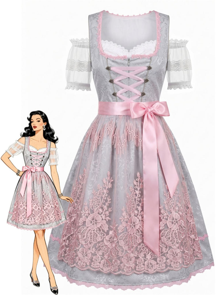 Ensemble 3PCS top court en dentelle, robe rose et tablier floral années 1950