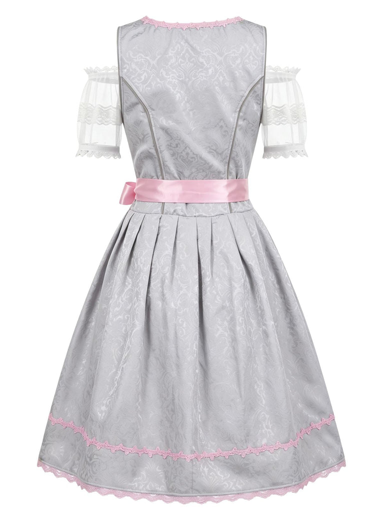 Ensemble 3PCS top court en dentelle, robe rose et tablier floral années 1950