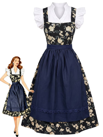 Ensemble 3PCS top court à manches volantées, robe florale et tablier années 1950