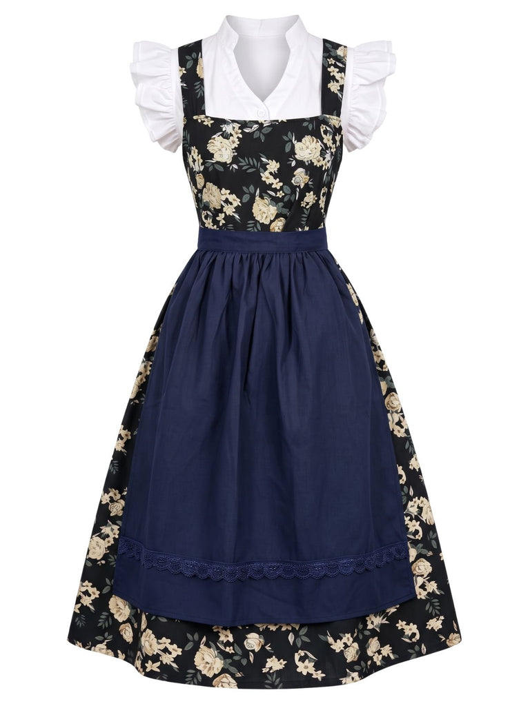 Ensemble 3PCS top court à manches volantées, robe florale et tablier années 1950