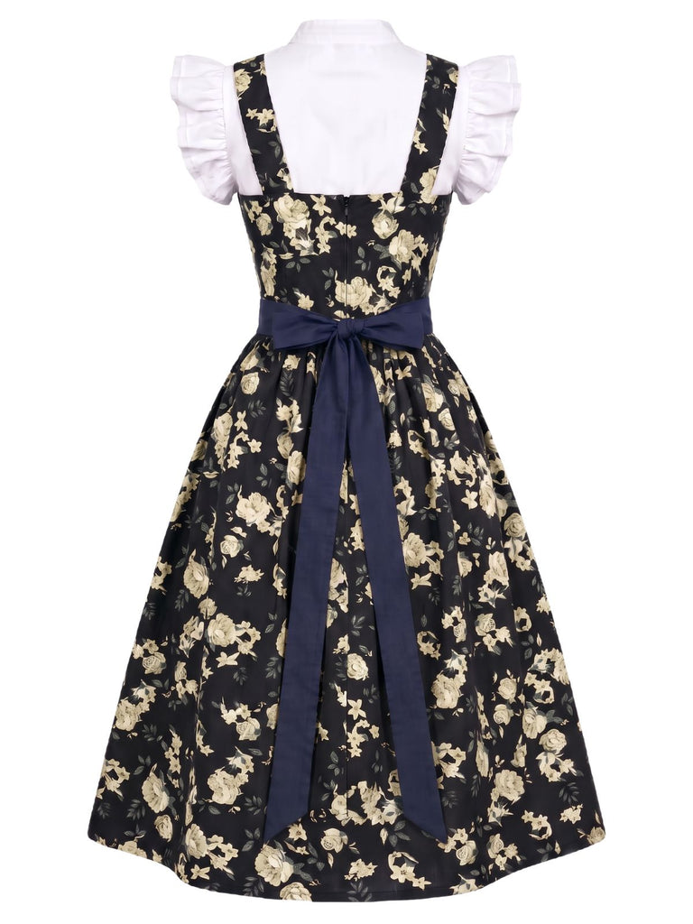 Ensemble 3PCS top court à manches volantées, robe florale et tablier années 1950