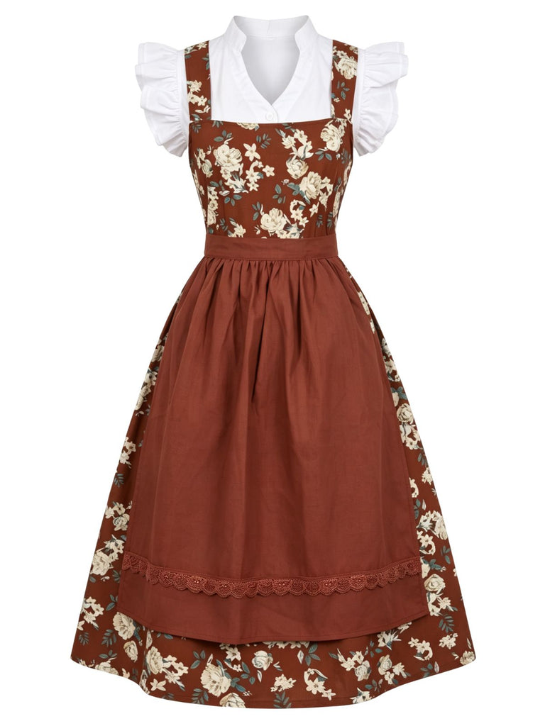 Ensemble 3PCS top court à manches volantées, robe florale et tablier années 1950