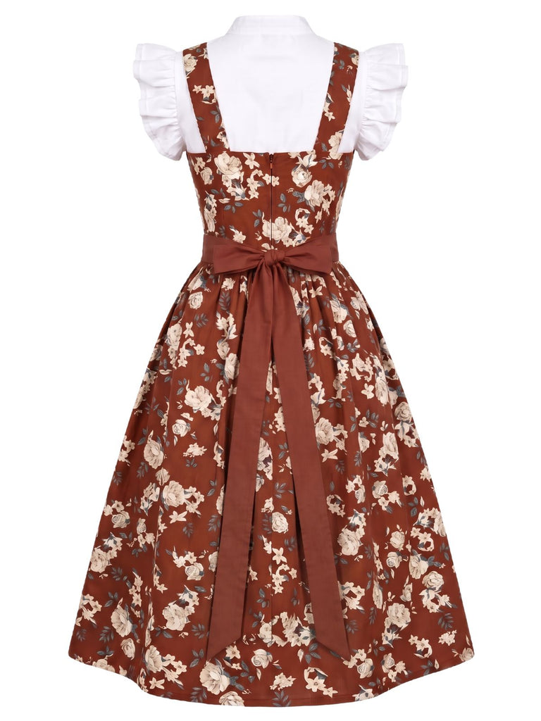 Ensemble 3PCS top court à manches volantées, robe florale et tablier années 1950