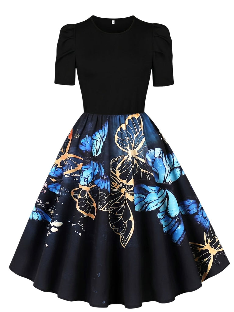 Robe trapèze noire à imprimé papillons et manches bouffantes années 1940 - 1