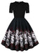 Robe trapèze noire à imprimé papillons et manches bouffantes années 1940 - 5