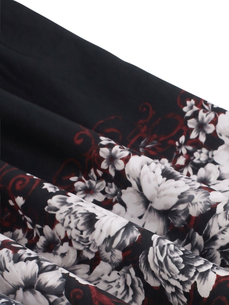 Robe trapèze noire à imprimé papillons et manches bouffantes années 1940 - 6