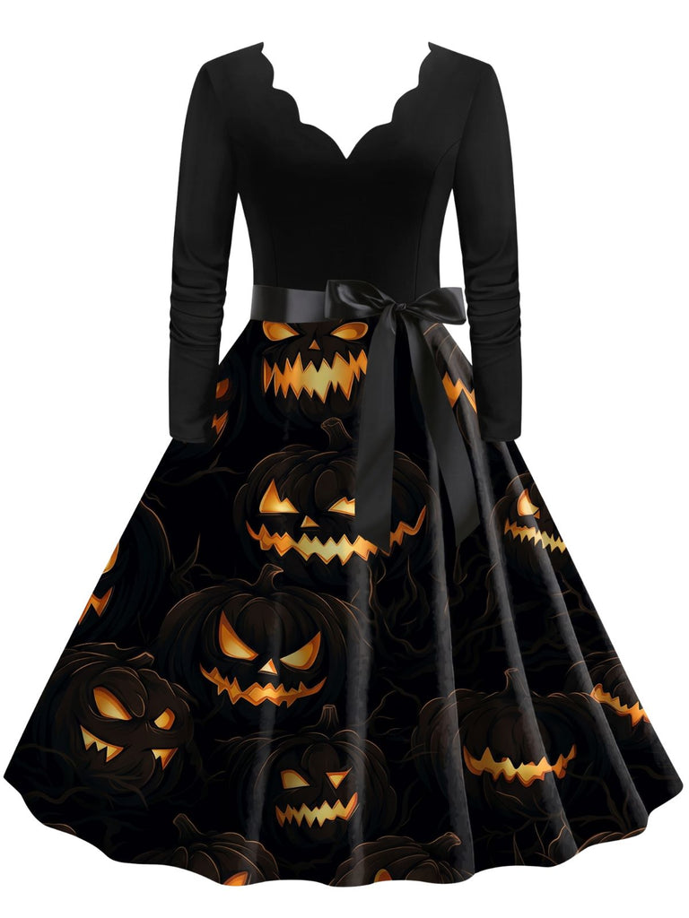 Robe évasée d’Halloween à citrouilles et chauves-souris, col festonné années 1940