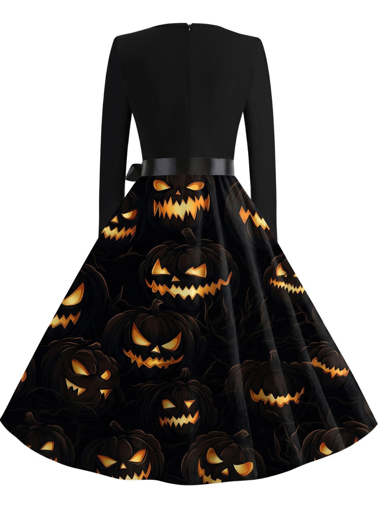 Robe évasée d’Halloween à citrouilles et chauves-souris, col festonné années 1940