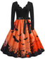 Robe orange évasée d’Halloween à citrouilles et chauves-souris années 1940