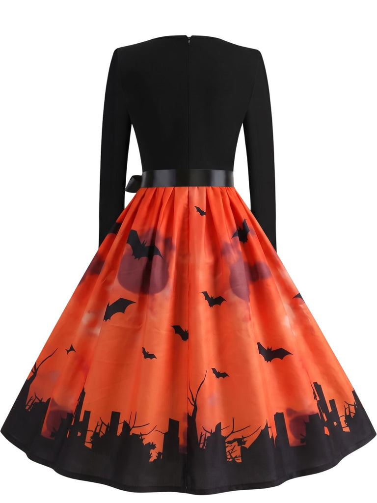 Robe évasée d’Halloween à citrouilles et chauves-souris, col festonné années 1940