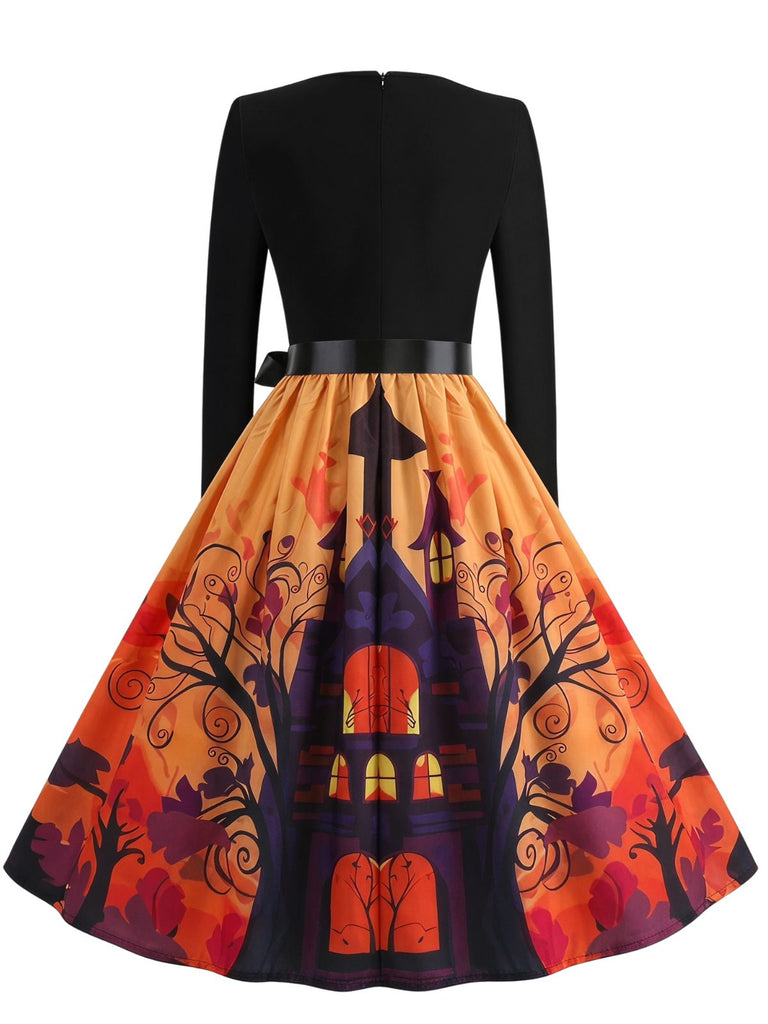 Robe évasée d’Halloween à citrouilles et chauves-souris, col festonné années 1940