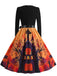 Robe évasée d’Halloween à citrouilles et chauves-souris, col festonné années 1940