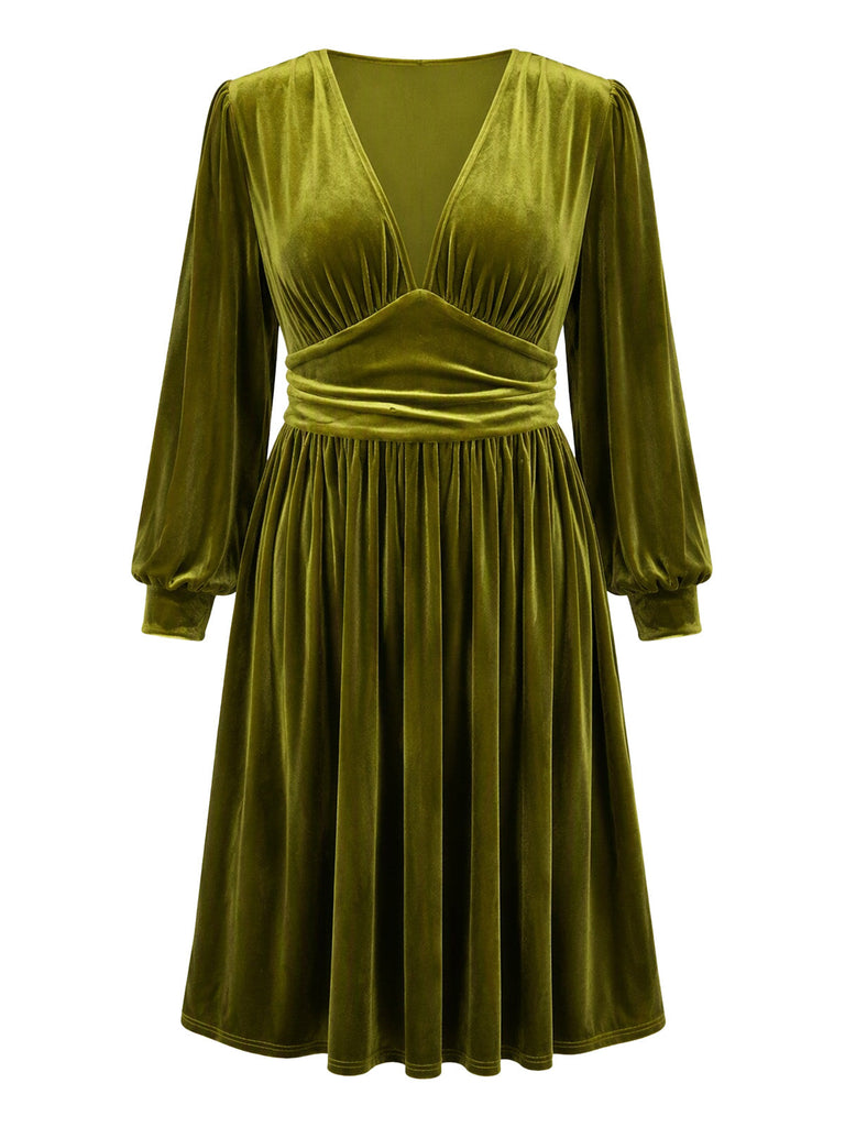 [Grande Taille] Robe vert militaire en velours uni à col V Années 1950 - 2