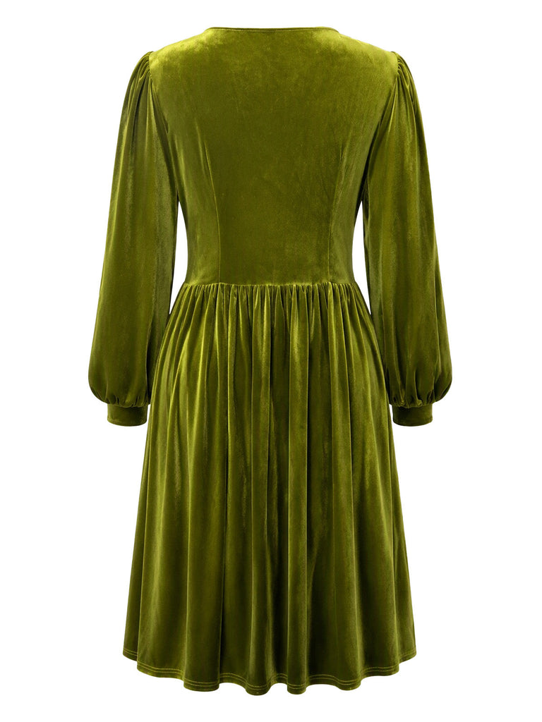[Grande Taille] Robe vert militaire en velours uni à col V Années 1950 - 3