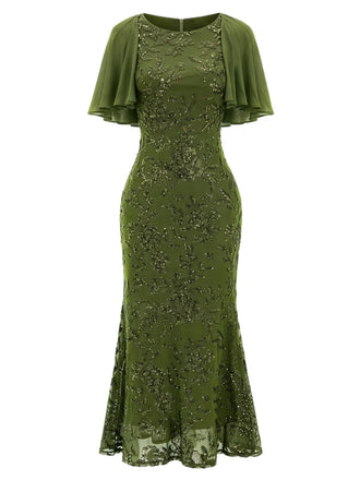 Robe sirène verte à broderies florales à sequins Années 1920 - 2