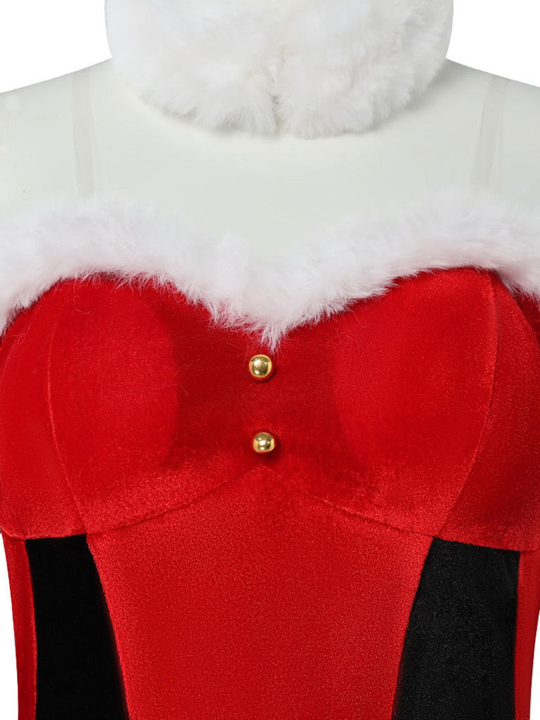 Ensemble robe de Noël rouge en velours à bordure en fourrure, flocons et nœud Années 1950 - 11