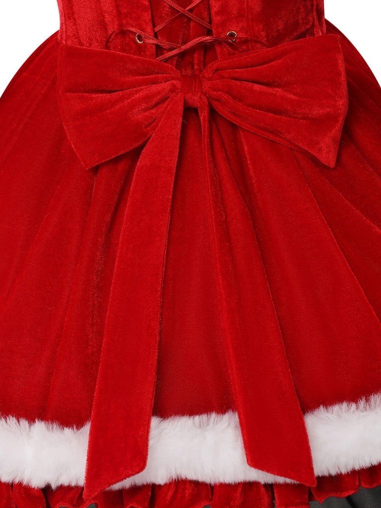 Ensemble robe de Noël rouge en velours à bordure en fourrure, flocons et nœud Années 1950 - 7