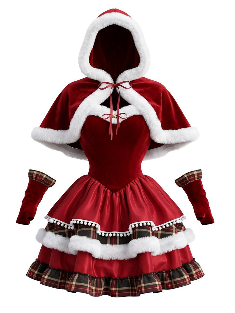 Robe étages velours motif écossais accompagnée d'une cape capuche Noël années 1950