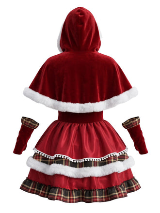 Robe étages velours motif écossais accompagnée d'une cape capuche Noël années 1950