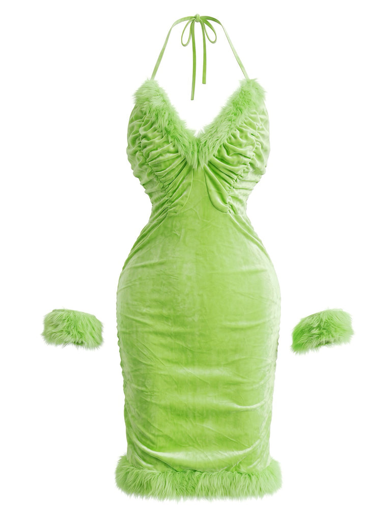 robe dos nu velours vert garniture fausse fourrure années 1960