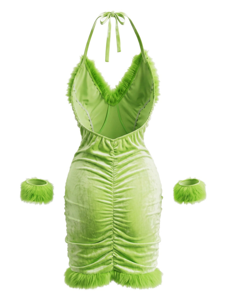 robe dos nu velours vert garniture fausse fourrure années 1960