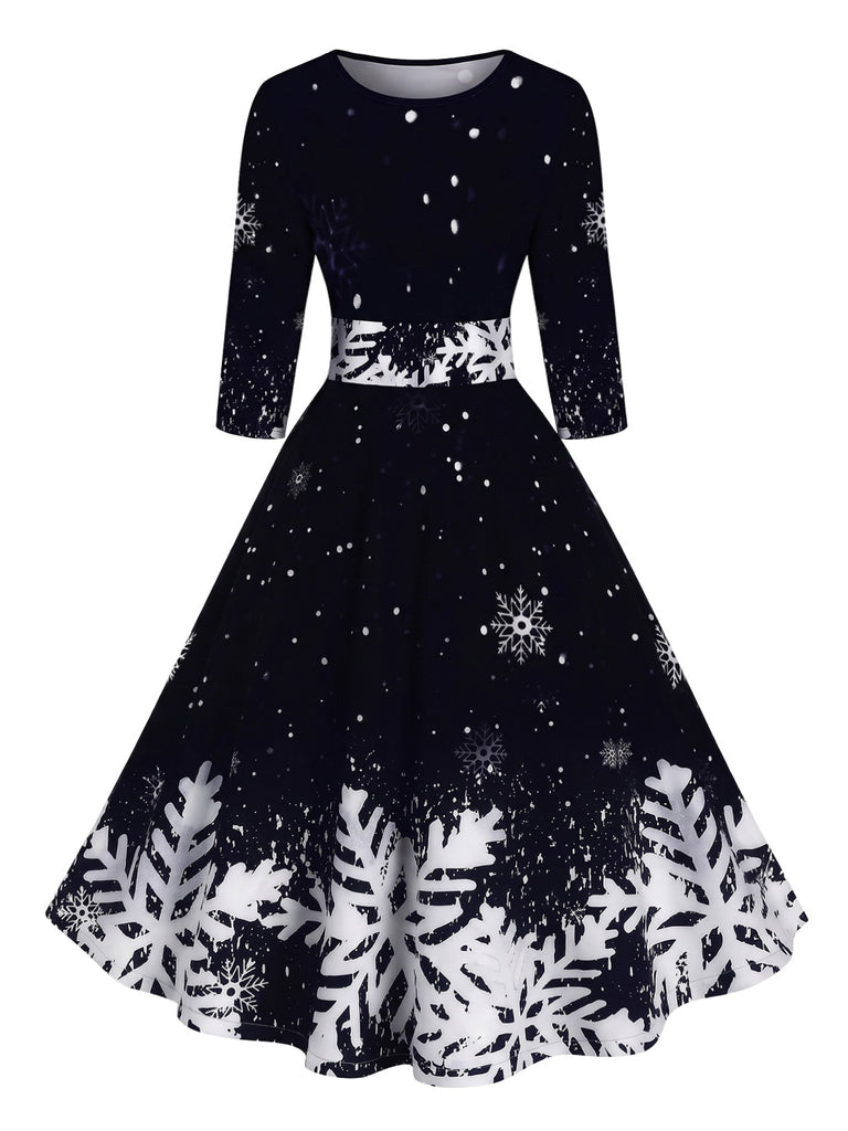 Robe cintrée à manches mi-longues et imprimé flocons de neige Années 1950 - 5