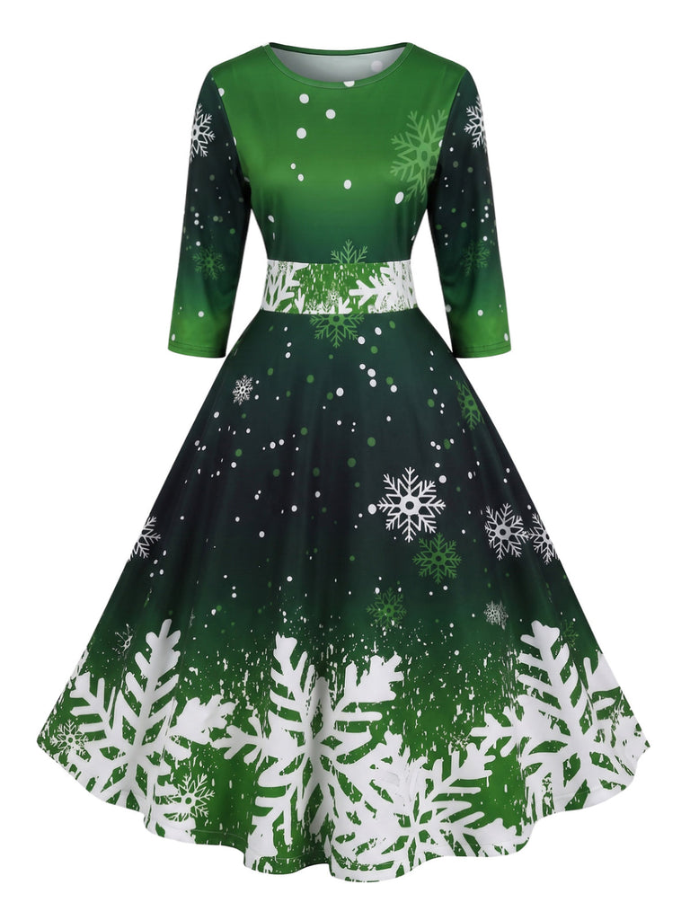 Robe cintrée à manches mi-longues et imprimé flocons de neige Années 1950 - 3