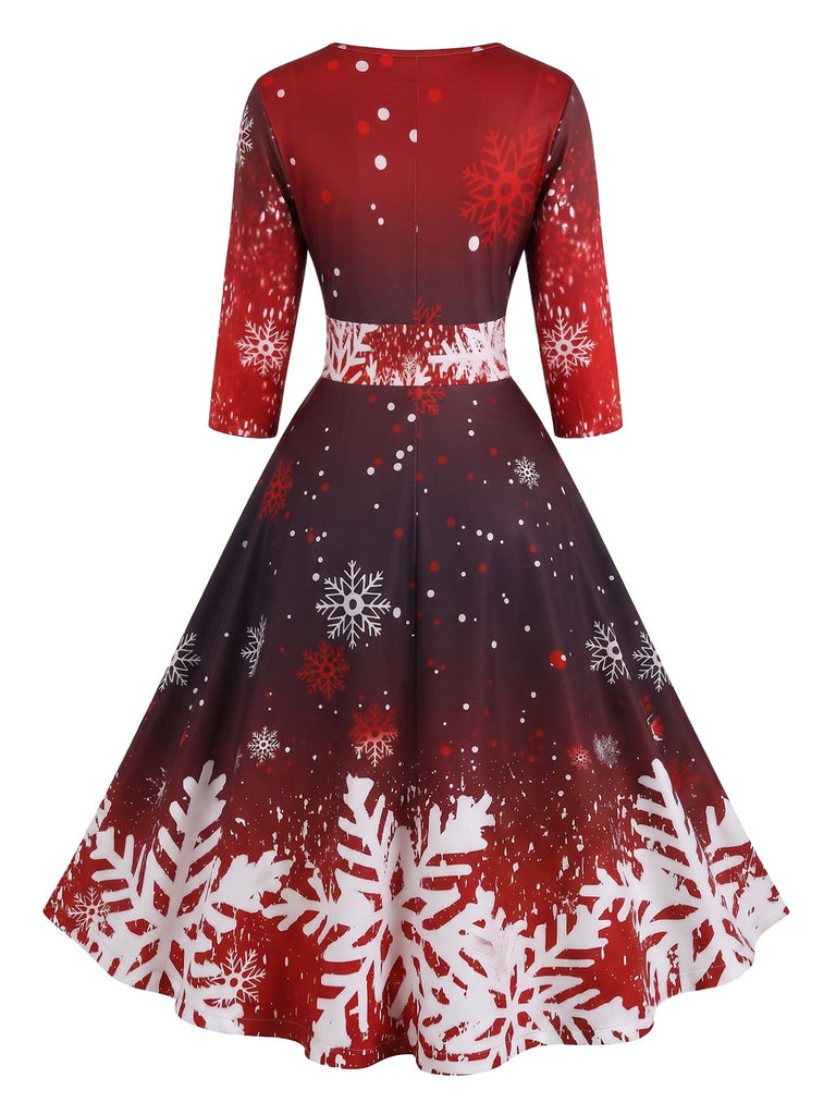 Robe cintrée à manches mi-longues et imprimé flocons de neige Années 1950 - 2