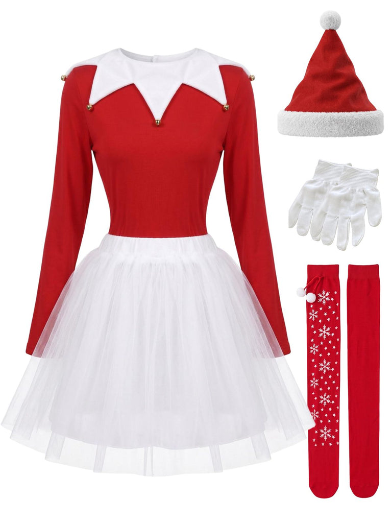 Ensemble de lutin rouge en velours et tulle à col à grelots Années 1980 - 1