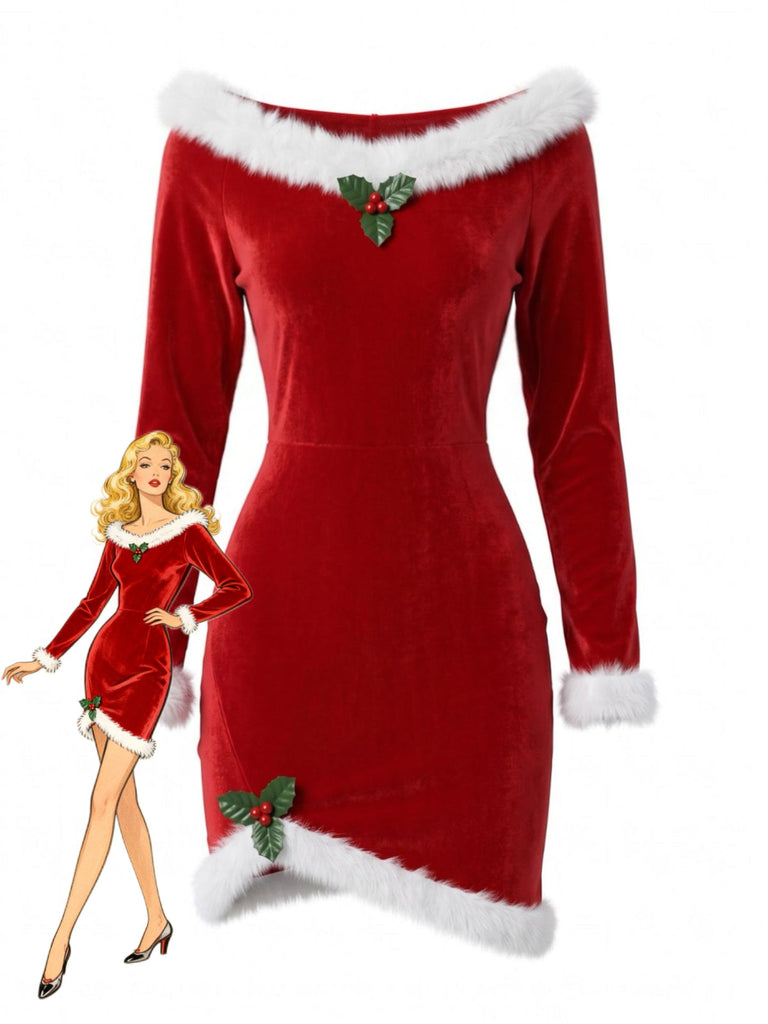 Robe courte rouge en velours à capuche et bordure en fourrure de Noël Années 1950 - 1