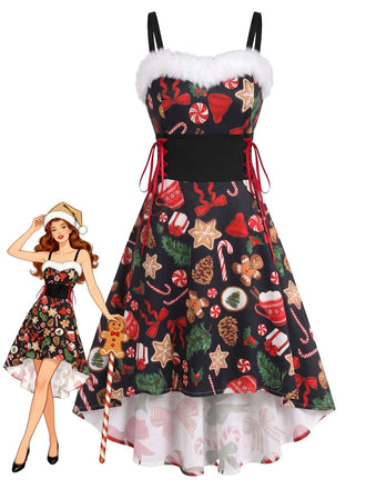 Robe à épaules dénudées, nœud et bordure en fourrure à imprimé de Noël Années 1950 - 1
