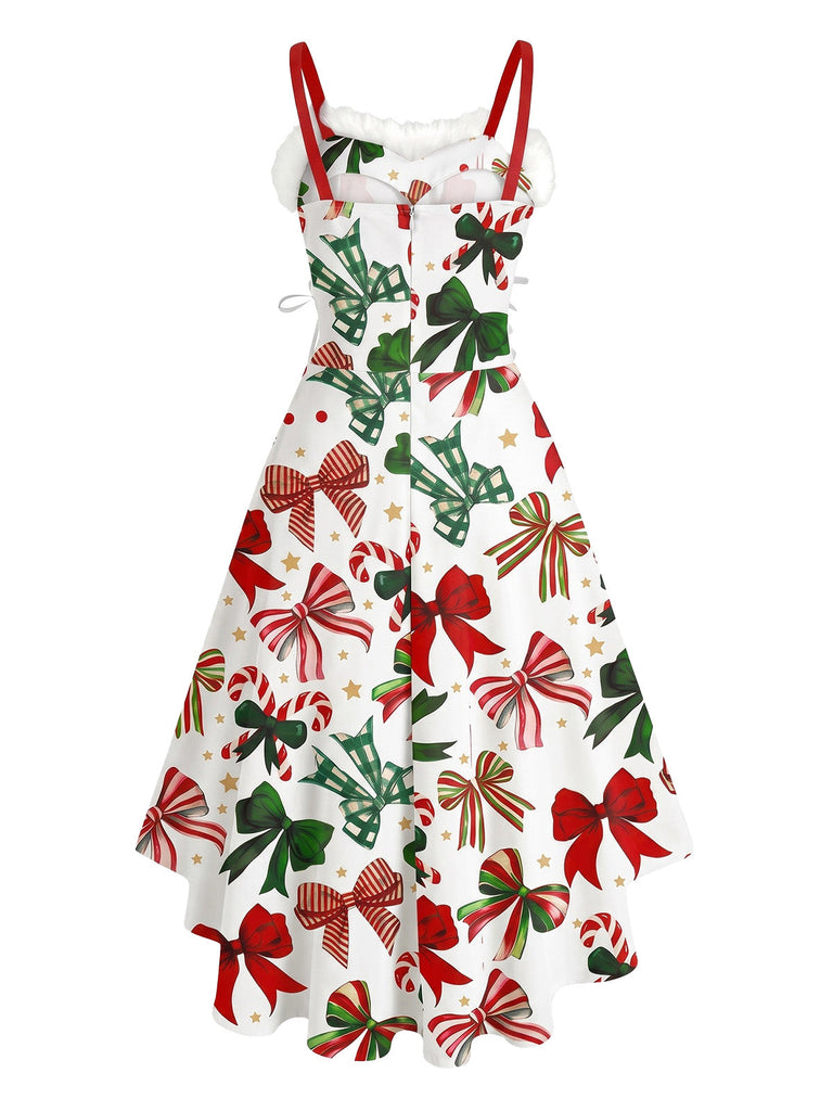 Robe à épaules dénudées, nœud et bordure en fourrure à imprimé de Noël Années 1950 - 5