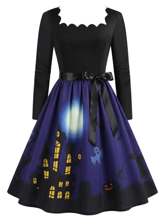 Robe évasée Halloween à maison hantée et col festonné années 1940 - 5