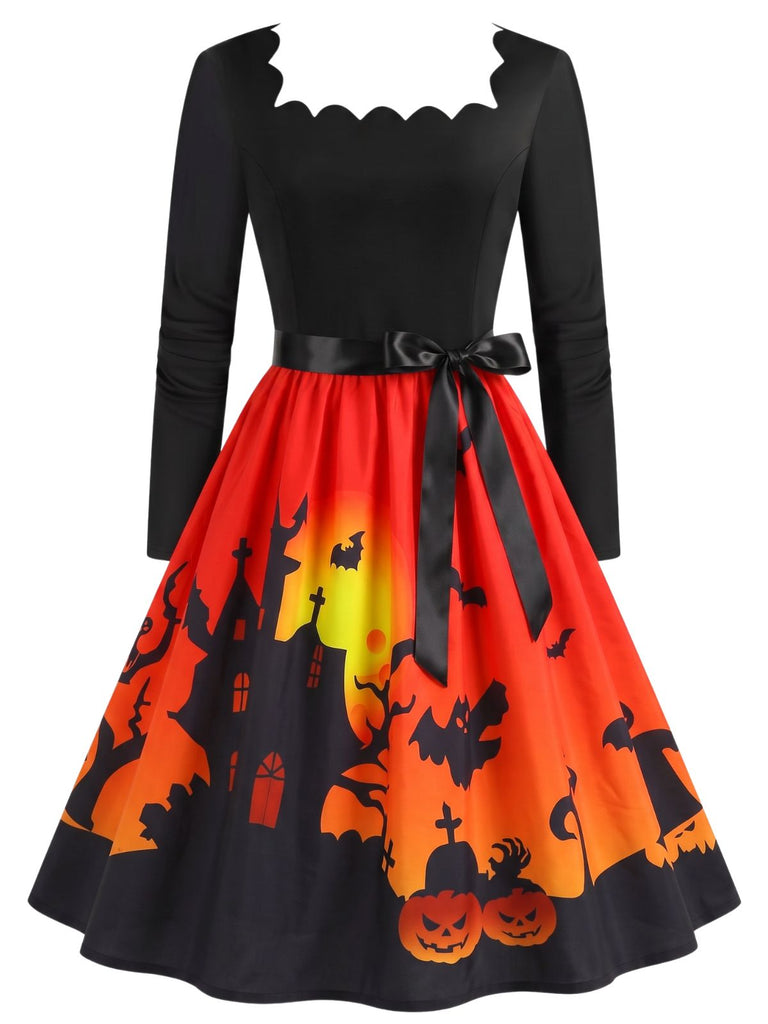 Robe évasée Halloween à maison hantée et col festonné années 1940 - 1
