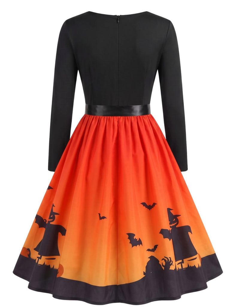 Robe évasée Halloween à maison hantée et col festonné années 1940 - 2