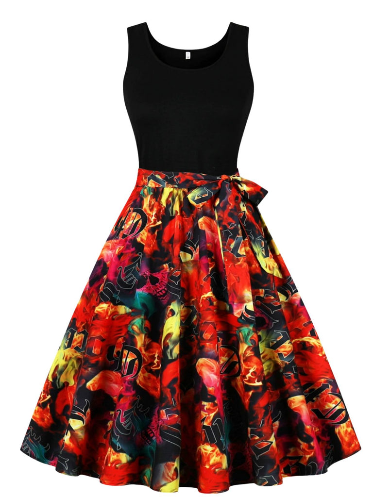 Robe d’Halloween à citrouilles et crânes, sans manches et ceinturée années 1950