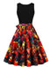 Robe d’Halloween à citrouilles et crânes, sans manches et ceinturée années 1950