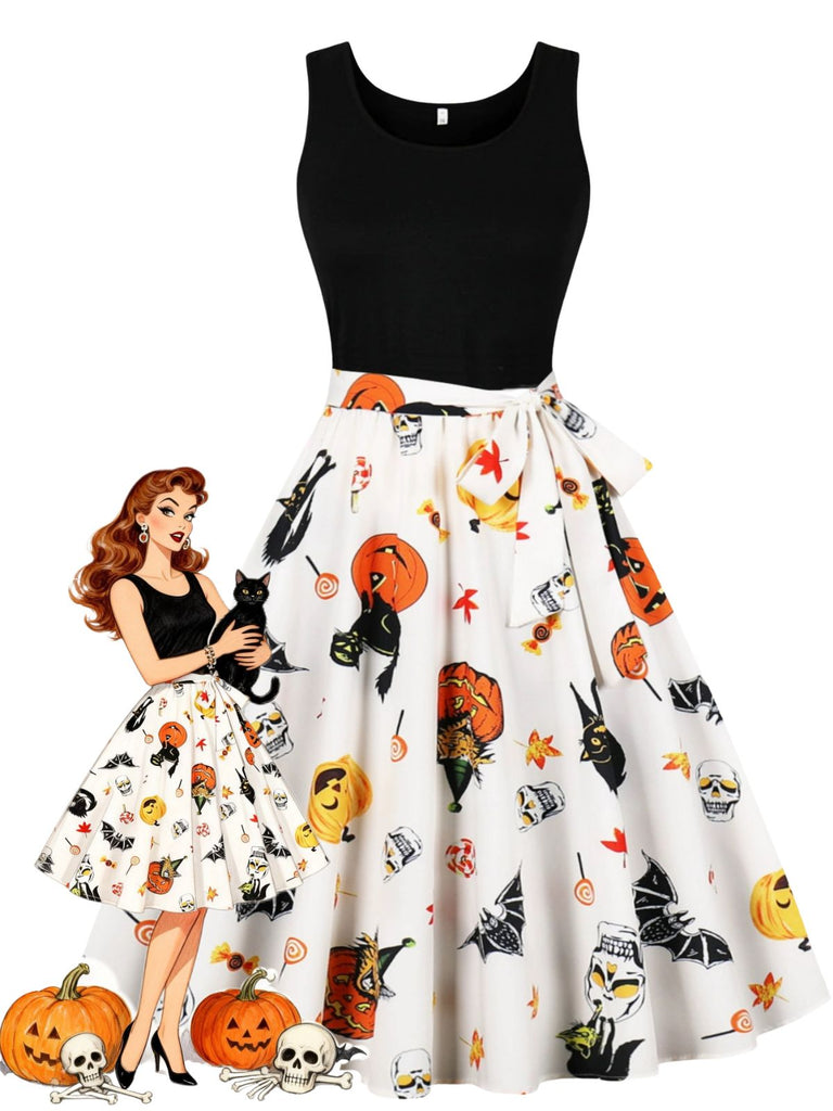 Robe d’Halloween à citrouilles et crânes, sans manches et ceinturée années 1950