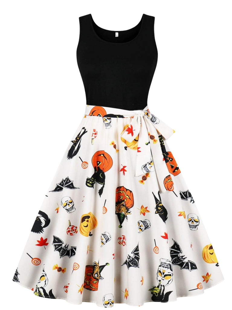 Robe d’Halloween à citrouilles et crânes, sans manches et ceinturée années 1950