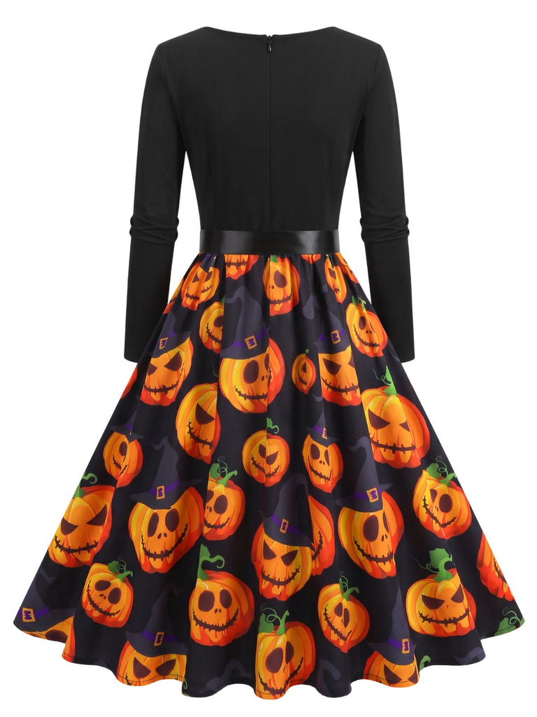 Robe évasée d’Halloween à citrouilles et col pétale années 1940