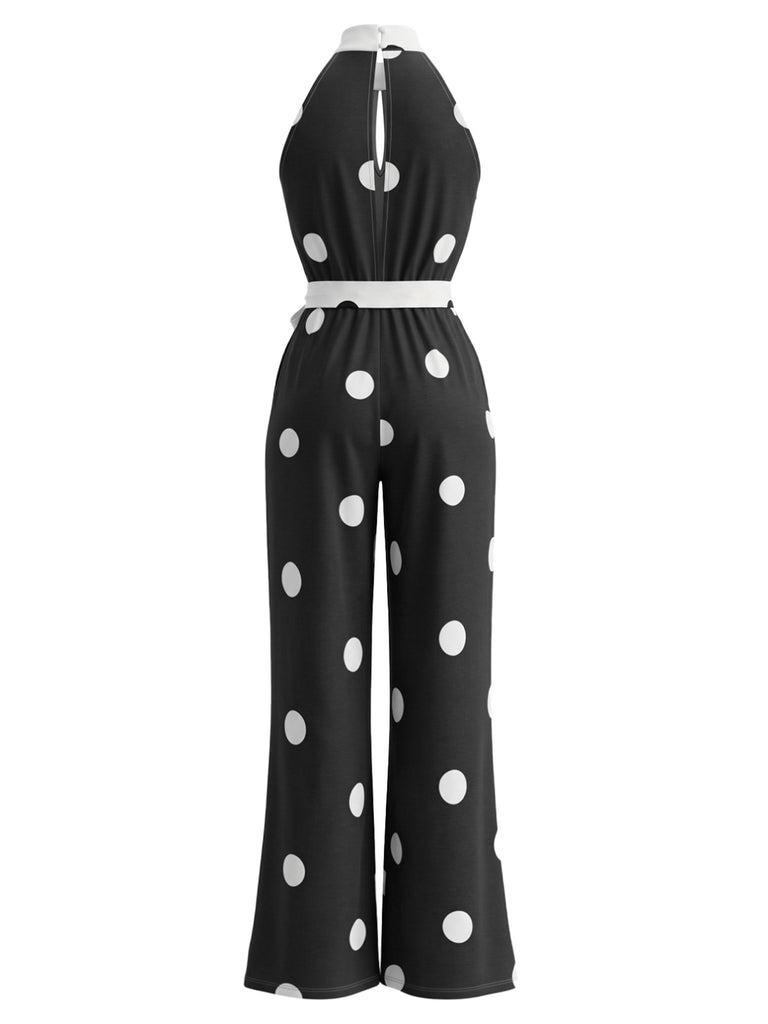Combinaison pois sans manches encolure américaine jambes larges et ceinture années 1970
