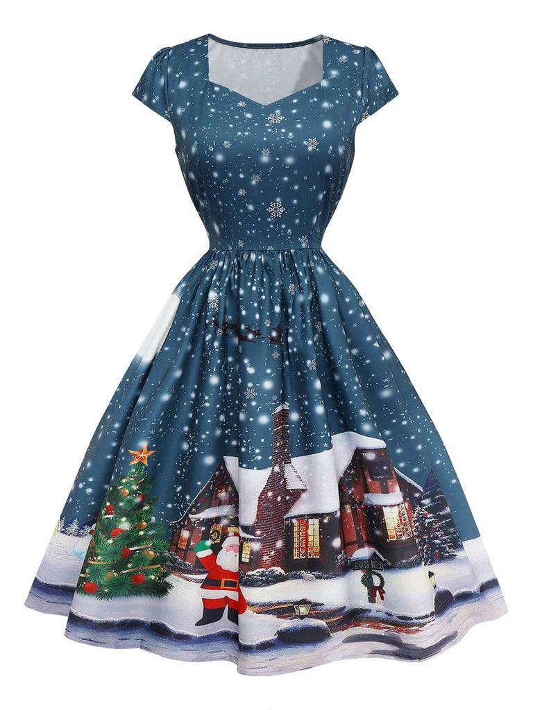Robe midi Noël bleu foncé motif Père Noël années 1950