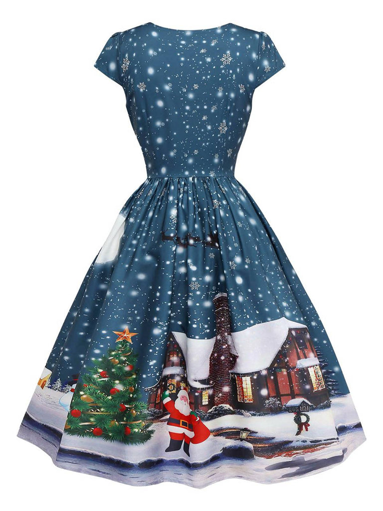 Robe midi Noël bleu foncé motif Père Noël années 1950